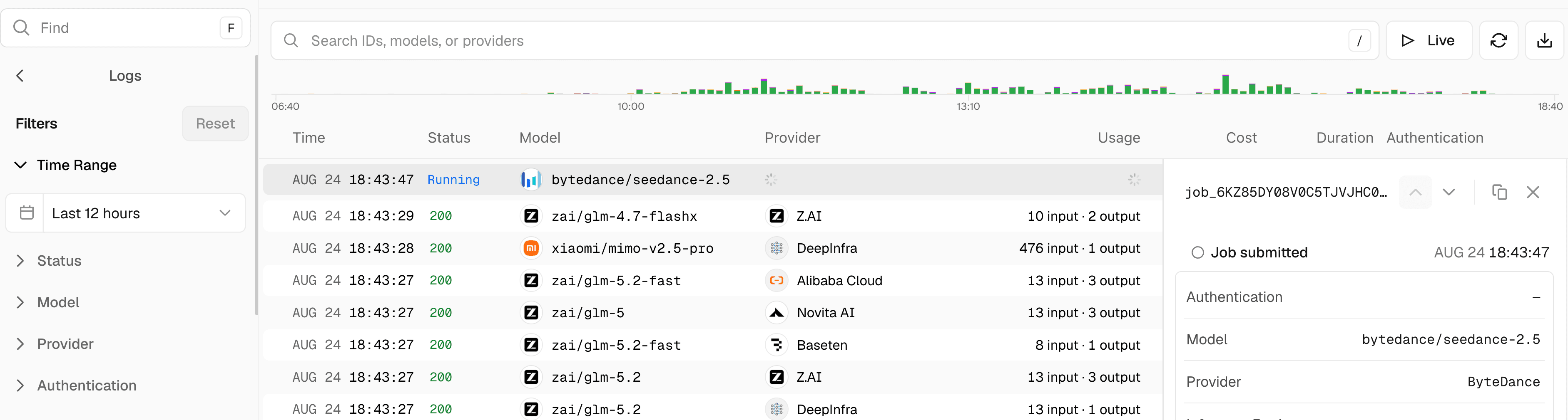 A running asynchronous video job with its job details open beside the log table.