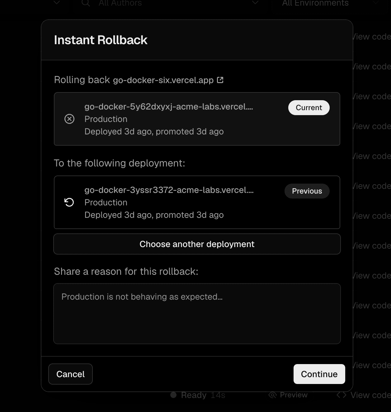 Instant Rollback dialog on Vercel Deployments Dashboard