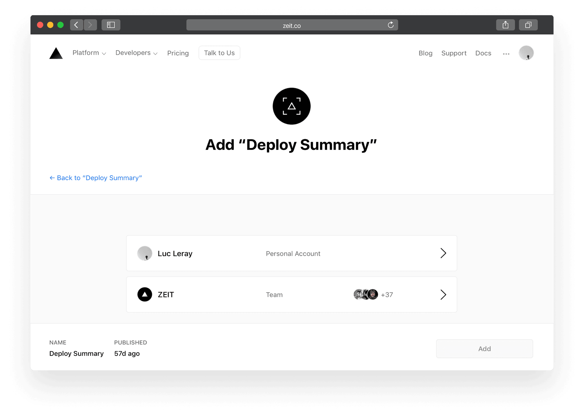 After clicking "Add", choose the account or the team where you would like to install Deploy Summary.