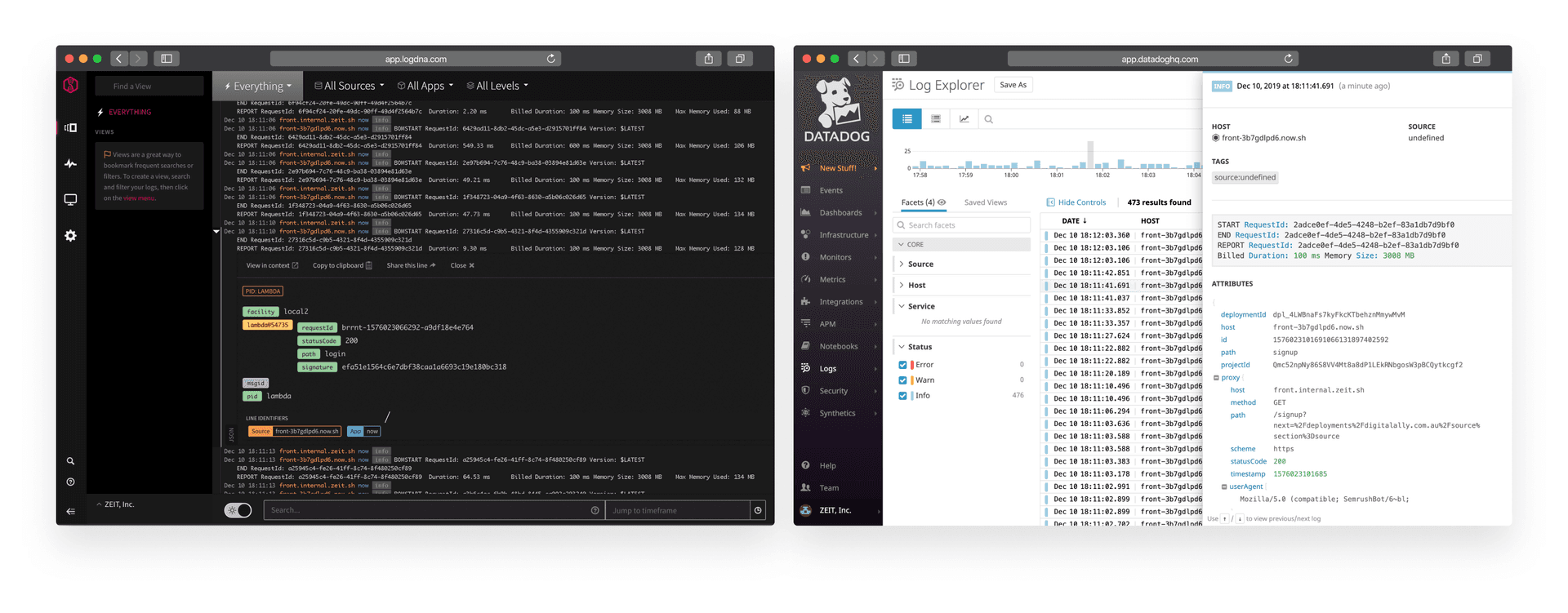 The LogDNA and Datadog application interfaces.