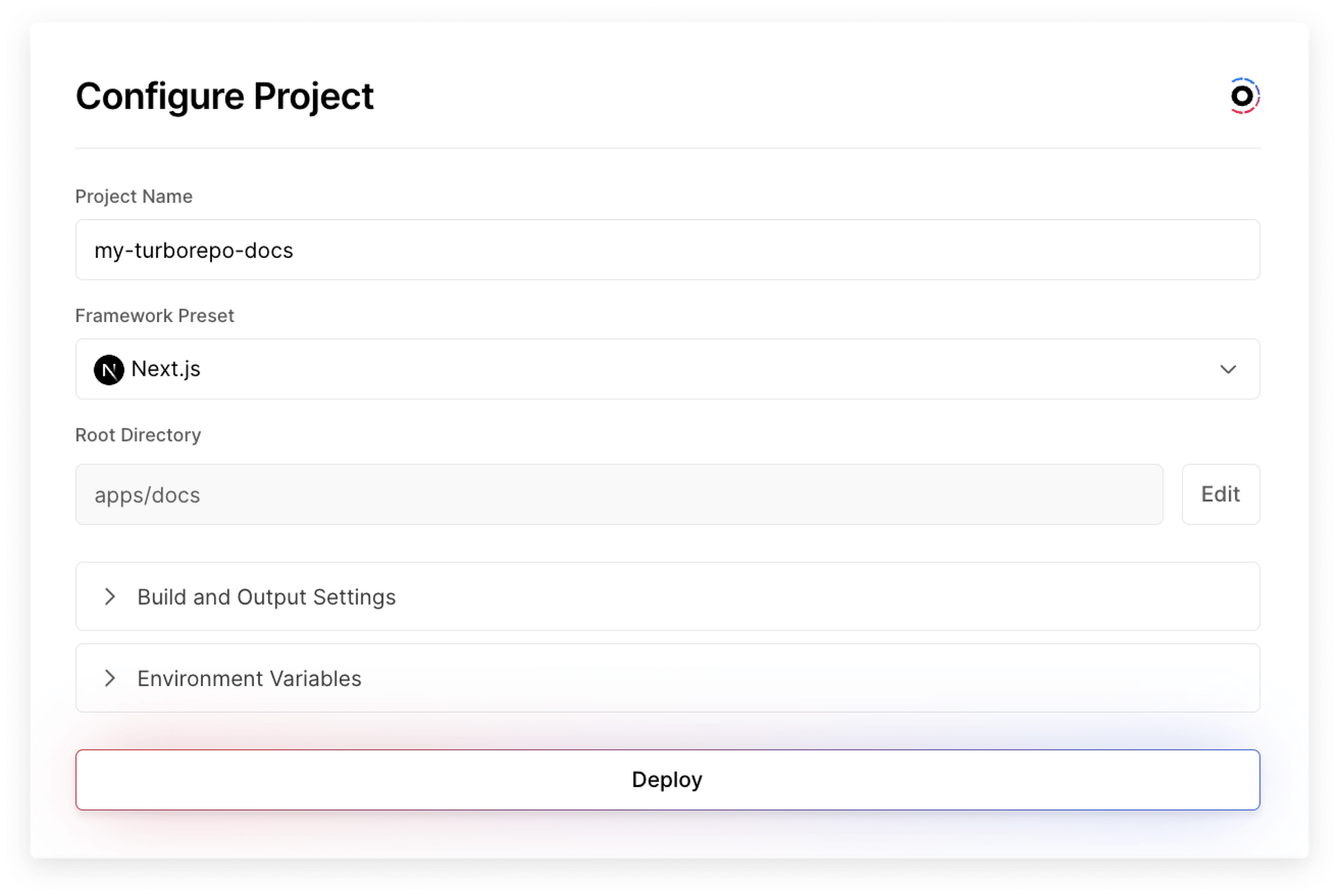 Settings to deploy a project from your Turborepo.