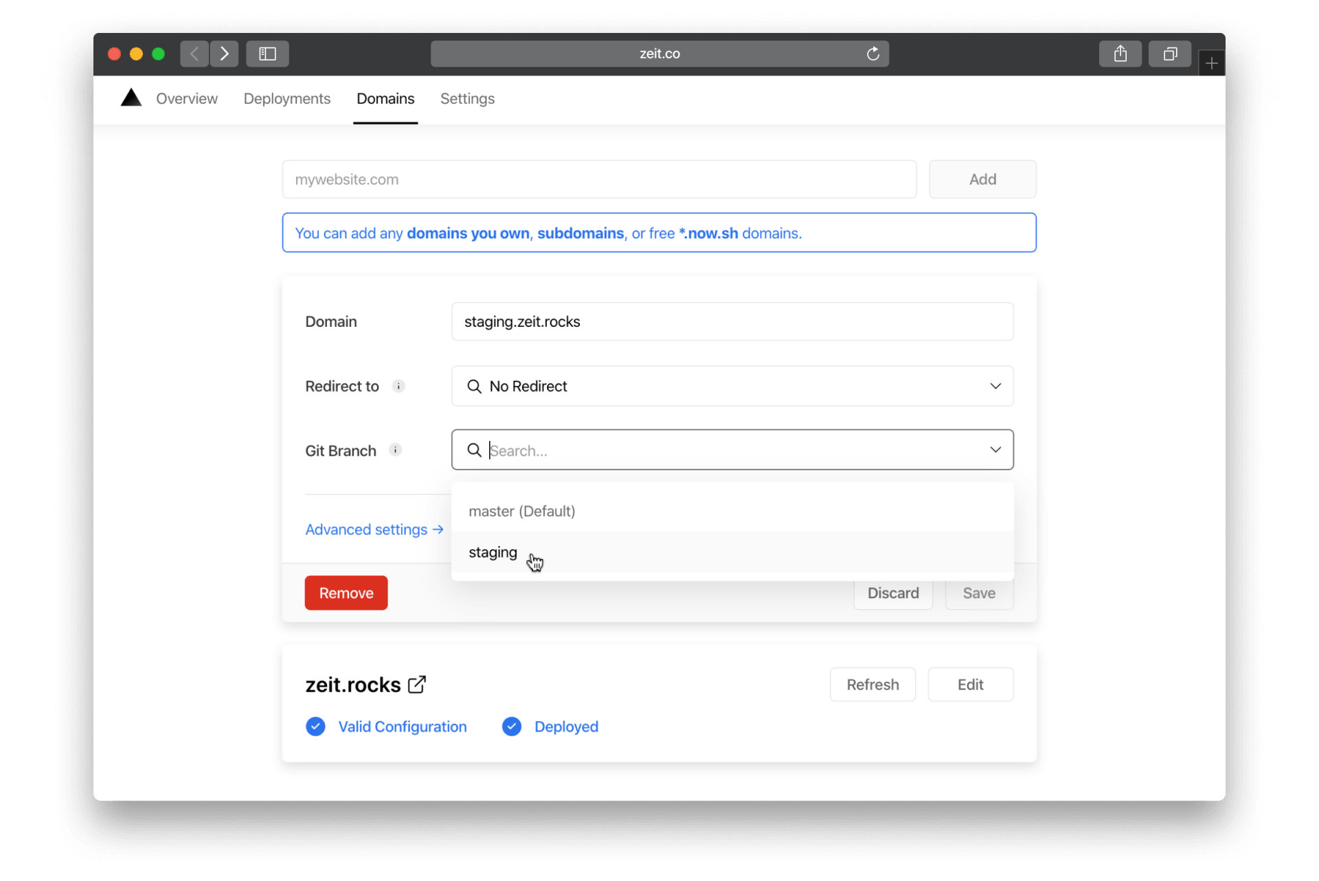Select a Git Branch that you want to assign your Domain to.