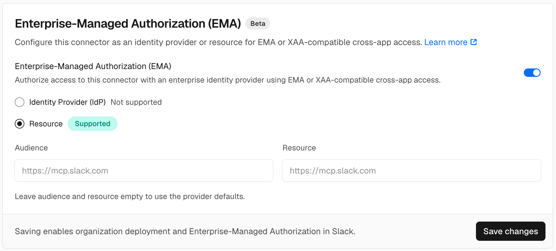 Enterprise-Managed Authorization enabled for a Slack connector with Resource selected.